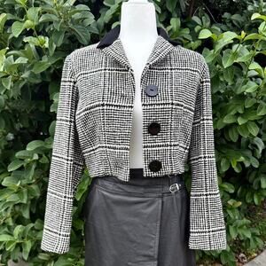 Vintage 60s Wool Houndstooth Cropped Blazer Black & White XS–S